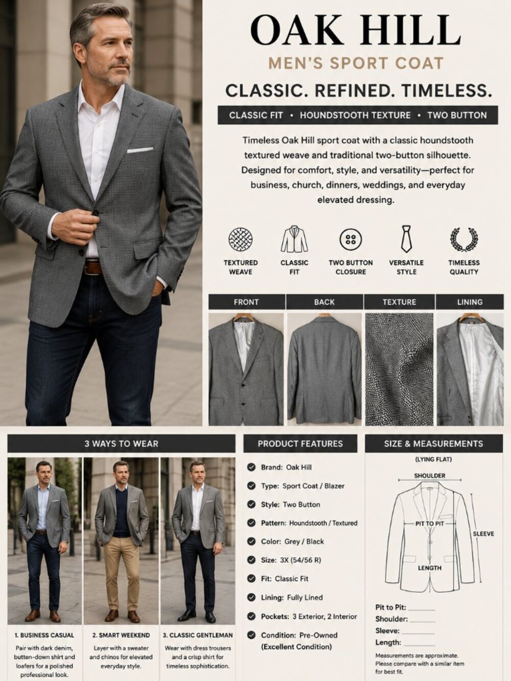 Oak Hill Houndstooth Blazer Mens 3X 54 56R Sport Coat Two Button Classic Preppy